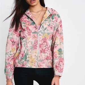 BDG Floral Pink Denim Bomber Hoodie Jacket Urban Outfitters